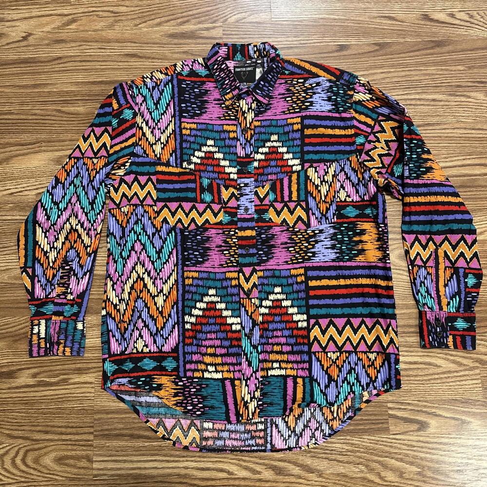 Wrangler Frontier Series Mens L Long Sleeve Button Down Aztec Western Cowboy - Picture 1 of 9